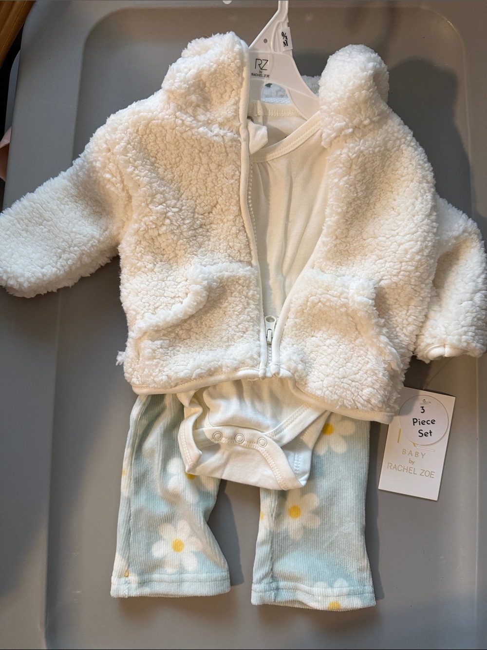 Rachel Zoe Cream Sherpa Baby Jacket with Light Blue Ribbed Pants